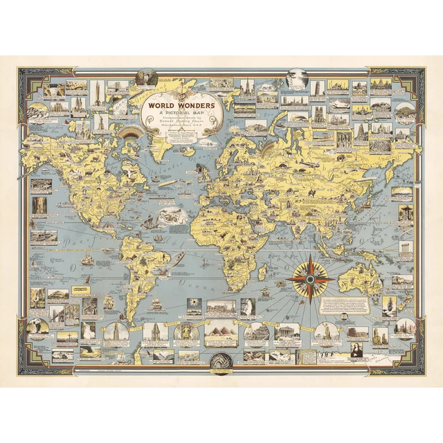 Map Ernest Dudley Chase 1939 World Wonders Pictorial Huge Wall Art Poster Print
