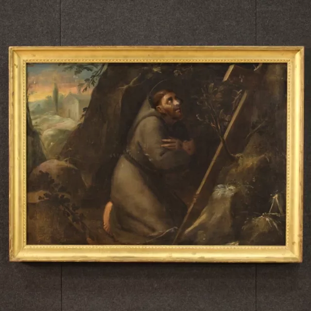 Antigua pintura óleo sobre lienzo cuadro religioso San Francisco siglo XVIII