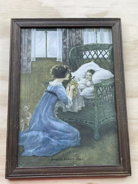 Vintage lithograph 1913 mother baby picture Baby’s First Doll Framed Victorian