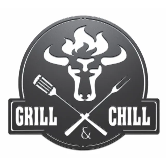 Gartenschild | Grill Schild | Bulle + Grill & Chill Gartenschild | Stahl Massiv