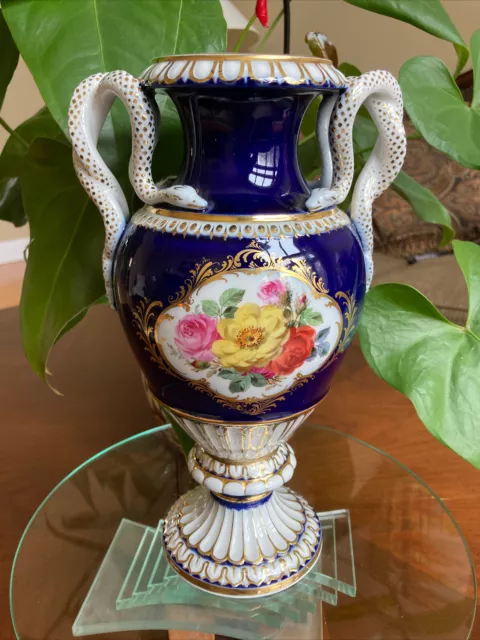 Stunning Tall Meissen Porcelain Cobalt Blue Snake Handle Urn Vase -MINT-10 3/4”