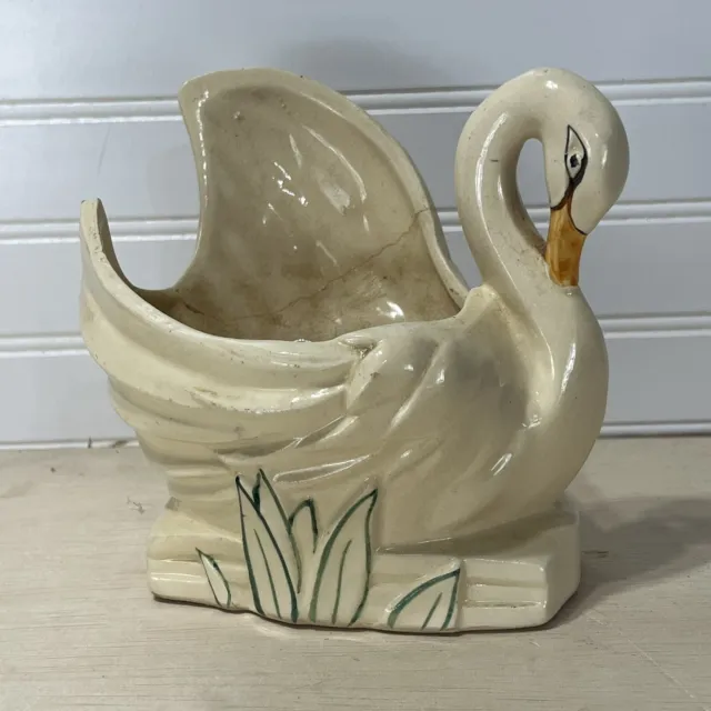 Vintage 1953 McCoy Pottery White Swan Planter Vase Flower Pot  (cracked)