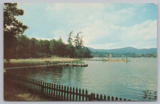 State View~Lake Placid NY~Public Bathing Beach On Mirror Lake~Vintage Postcard