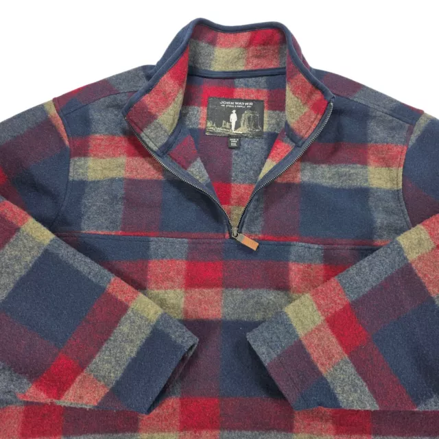 John Wayne 1/4 Zip Pullover Sweater Mens 2XL Blue Red Check Western Mock Tweed