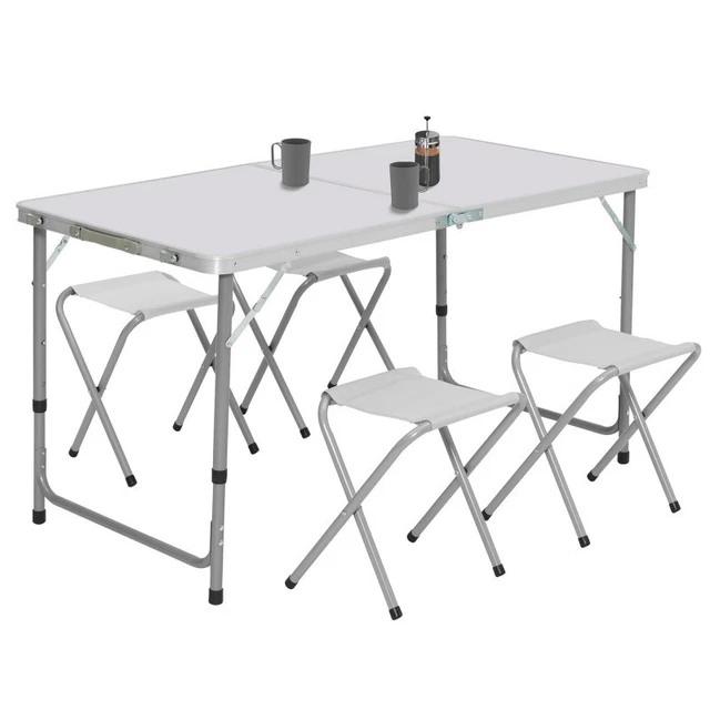 Table De Camping Pliable AMANKA Avec 2 Tabourets - Réglable En Hauteur 90x60cm - Gris Clair - Format Mallette Transport