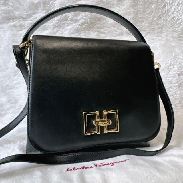 Vintage Salvatore Ferragamo Leather Handbag Shoulder Bag Black Double Gancini