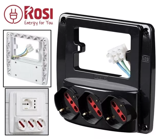 MULTIPRESA DA PARETE 3 PRESE POLIVALENTI ITALIANE E SCHUKO x PLACCHE A 3 POSTI N