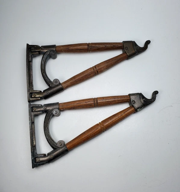 2 Vintage Oak and Brass Swivel Wall Brackets Swing 7.25" Arm Plant Hooks Hangers
