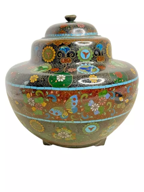 Antique Japanese Cloisonne Enamel Footed Pot / Vase With Lid  / RARE