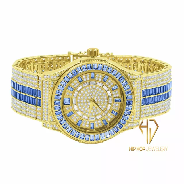 Montre-bracelet de luxe baguette bleue saphir simulée diamant ton or 18 carats 2
