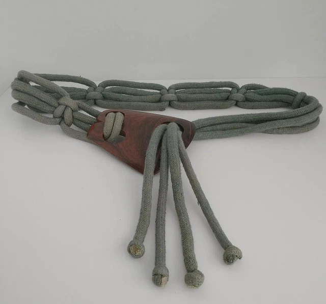 VTG Brutalist Boho Hippie Chic Boutique Wood Macrame Rope Blue Gray Retro 45"