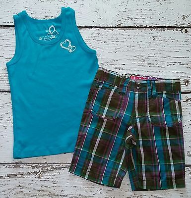 CHILDREN'S PLACE Girls Teal Tank Top and Plaid Shorts 4 4T 5 5T EUC