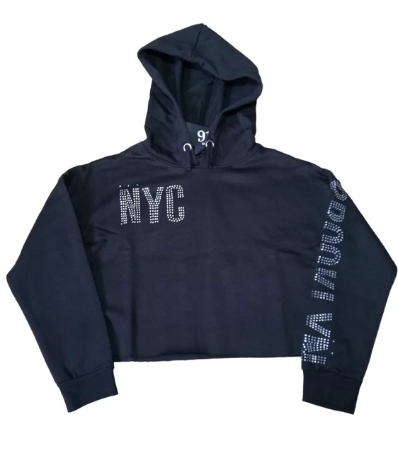 Felpa con cappuccio ragazza nuovo look 915 New York tagliata nera Brooklyn diamante top taglio corto