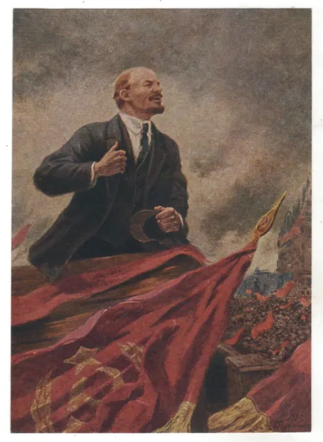 1958 LENIN AT TRIBUNE Flag USSR Soviet Communist propaganda OLD Russian Postcard