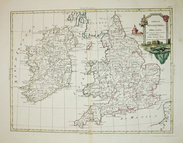 Inghilterra Irlanda Gran Britain Zatta Mappa Incisione Engraving 1776