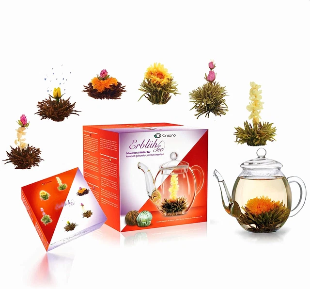 Creano Blooming Tea Mix - Gift Set Flowering Tea with Glass Pot 17Oz/500Ml White