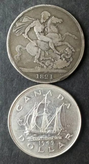 1821 Great Britain Silver Crown and 1949 Canada Silver Dollar