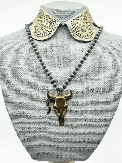 Artist Made Taurus Brass Bull Cow Skull Necklace Made With Swarovski Crystal