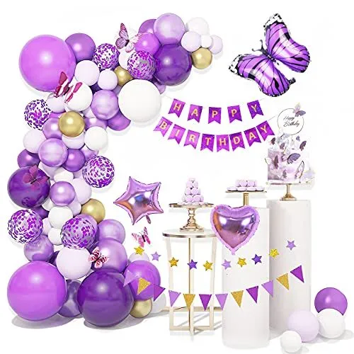 Veeki 124 pièces d'ensemble d'arche de ballon violet, confettis, ballon en  métal en latex avec papillon en papier, anniversaire, décoration de fête de  mariage et outil de ballon 4