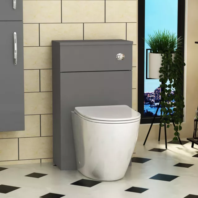 Bathroom BTW Back To Wall Pan Toilet Grey Gloss 500mm WC Unit Slim Seat Cistern