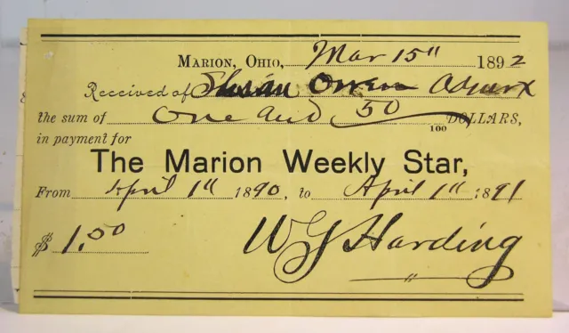 1892 President Warren G Harding Document Written As Editor Of The Star Newspaper