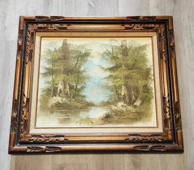 Vintage Mid Century Modern Oil Painting Nature Scene S. Hills Carved Wood Frame