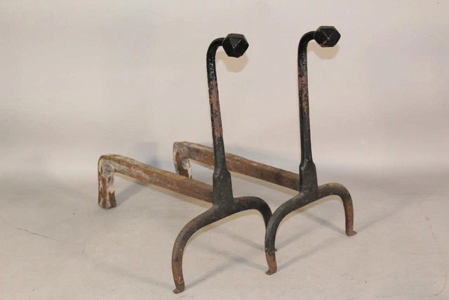 Great Pair Of 18Th C Hand Forged Wrought Iron Goose Neck Andirons Faceted Tops 2