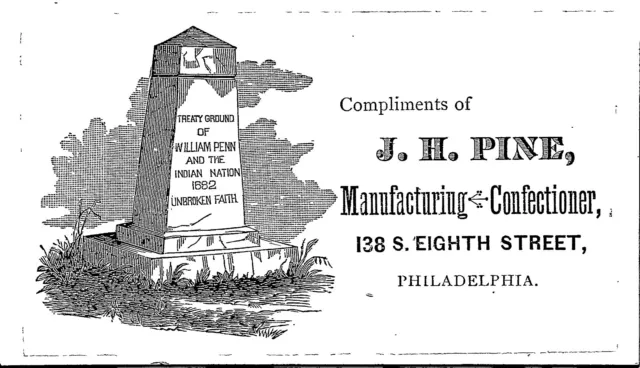 AP-231 PA Pennsylvania J. H Pine Confectioner Memorial Victorian Trade Card