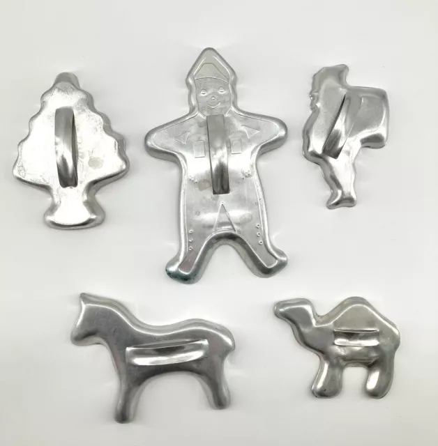 Holiday Cookie Cutters Vintage Aluminum w/ Handles 5 Lot Gingerbread Santa Horse