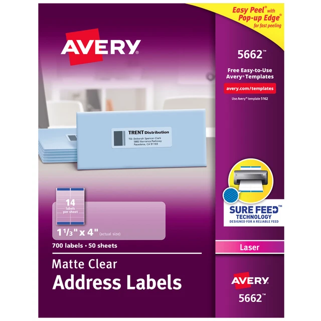 Laser Labels, Address, 1-1/3"x4", 700/BX, Clear