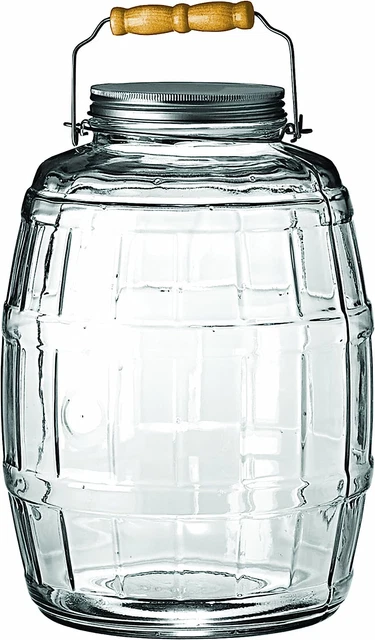 Glass Barrel Jar with Lid Vintage Large Handle Clear 2.5 Gallon Brushed Aluminum
