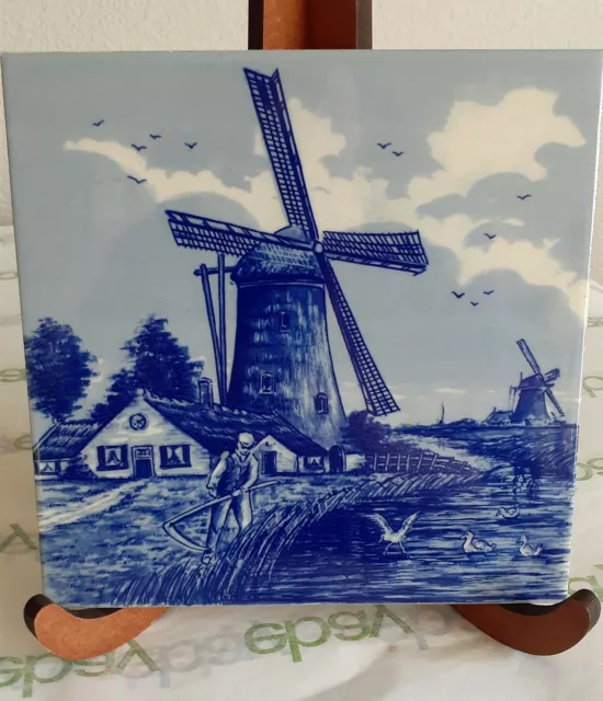 ROYAL MOSA HOLLAND Delft Blue Hand Painted Ceramic Tile Dutch Windmills 6"
