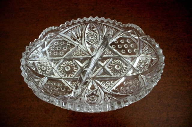 American Brilliant Period Hand Cut Hobstar Sharp Glass Oval Bowl