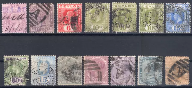 Britannique Kronkolonie Ceylan Sri Lanka Lot 14 Marques & 7 Perfins Environ 1870