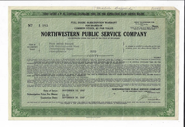 SOUTH DAKOTA 1947 Northwestern Public Service Company Warrant Stock Certificate