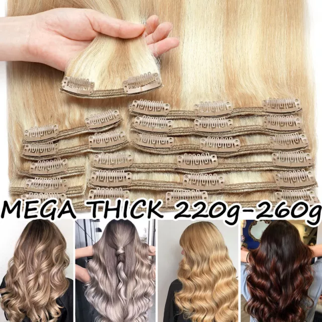 200-260g 12PCS Clip in 100% Remy Human Hair Extensions Mega Thick Full Head Weft