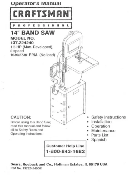 Owner's Manual & Parts List  Sears Craftsman 14" Band Saw - Model 137.224240