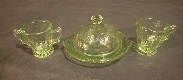 Vintage Child’s Table Set Green Depression Glass Butter Dish, Sugar, Creamer