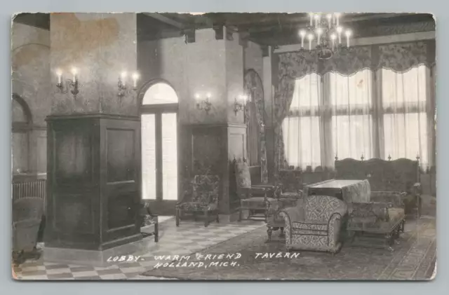 Warm Friend Tavern Lobby HOLLAND Michigan RPPC Antique Interior Photo 1930s