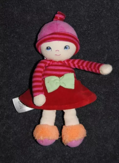 Peluche Doudou Poupée Fille COROLLE 2009 Rose Rouge Nœud Vert 19 Cm Hochet TTBE
