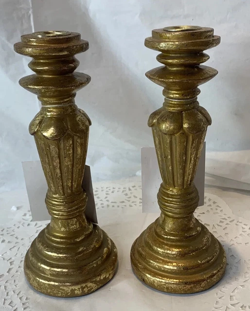 2 Elements Gold Foil Resin Candlesticks Holders Distressed 8.5" Tall New