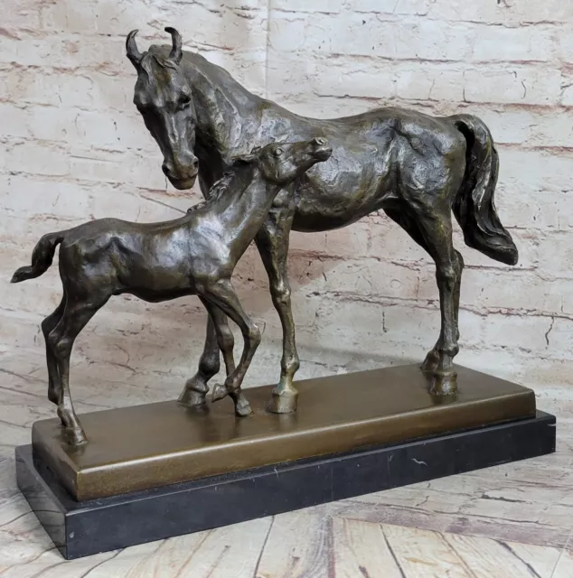 Bronze Sculpture Art Decor Marble Base Animal Horses Mare Foal Pair Riding Deal