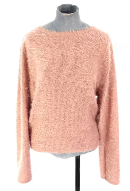 Womens Pink Fluffy Jumper Knit Long Sleeve Top Sweater Cosy Soft Size UK 14 16