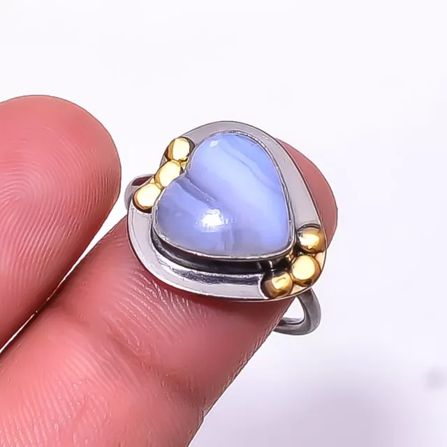 Heart -Blue Lace Agate Black And Gold Plated 925 Sterling Silver Ring s.7.5 R30