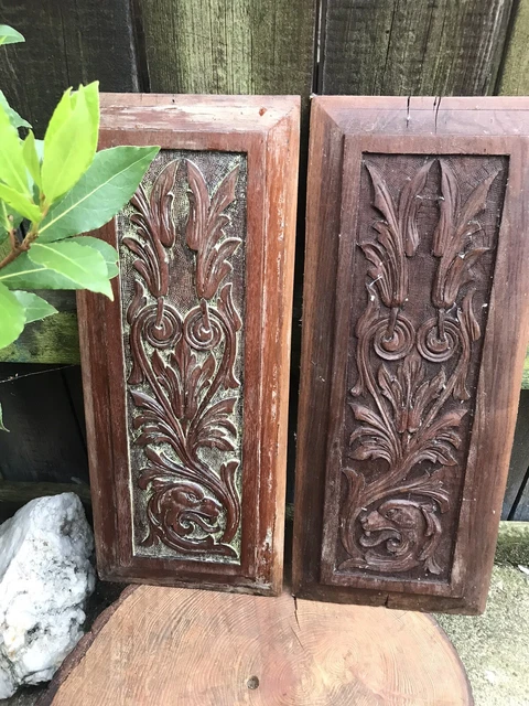 Antique vintage CARVED WOOD PANELS lion head furniture architectural wall plaque