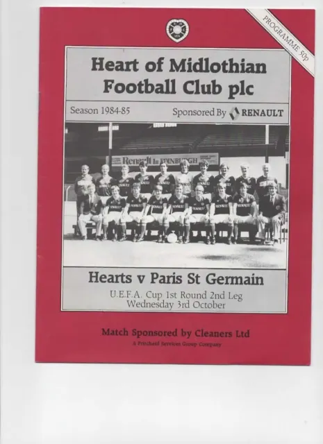 Hearts v Paris St Germain 3rd October 1984 UEFA Cup 1dst round 2nd leg