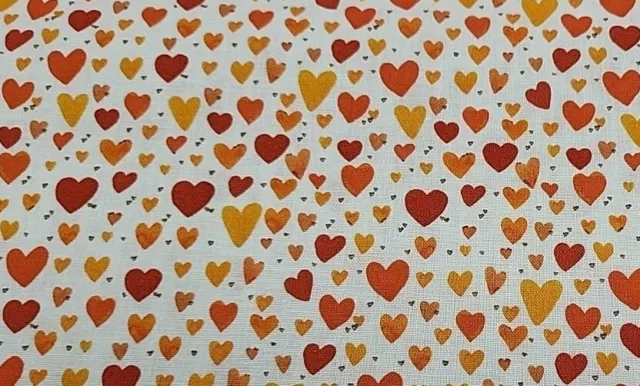 4.5 Metres Printed 100% Cotton Premium Craft Fabric  Red, Orange Hearts On White