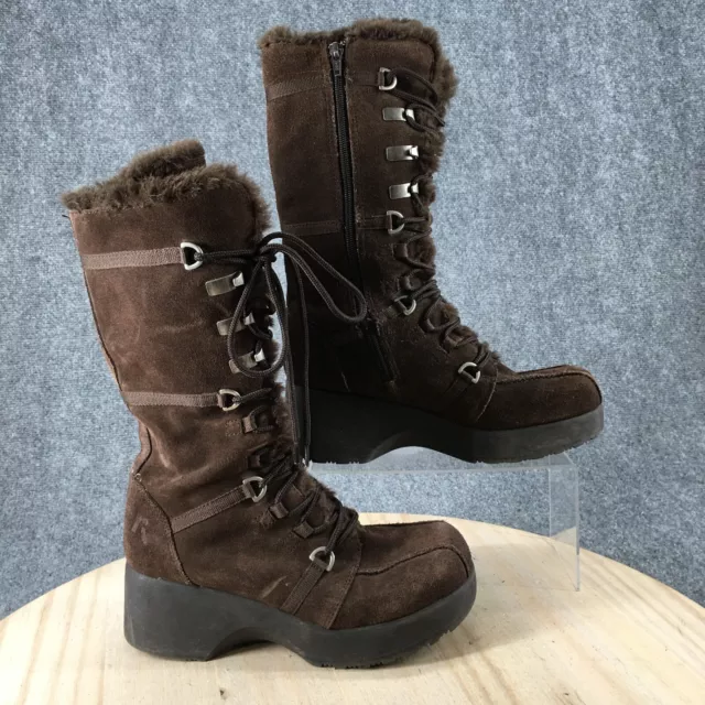 Report Boots Womens 9 Sleigh Tall Shearling Winter Brown Leather Wedge Lace Up