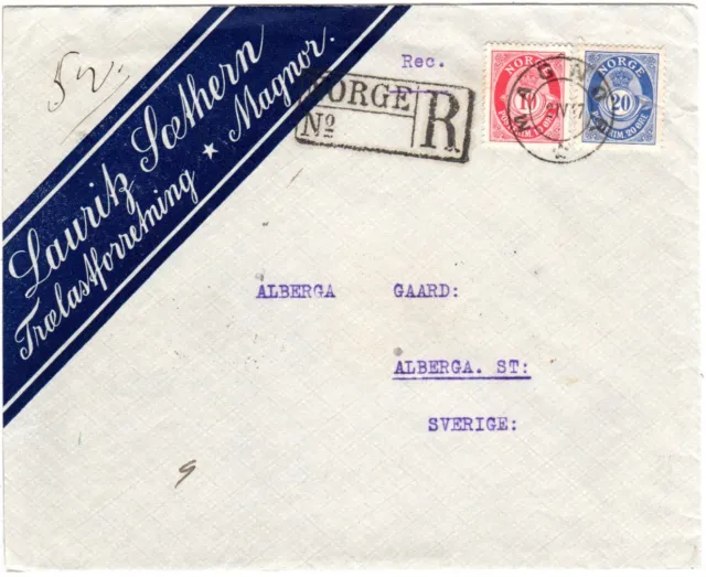 Norwegen 1917, 10+20 öre auf Firmen Einschreiben Brief v. MAGNOR n. Schweden