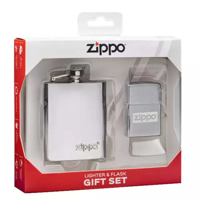 Zippo Lighter Brushed Chrome & Flask High Gloss Stainless Gift Set - 49358